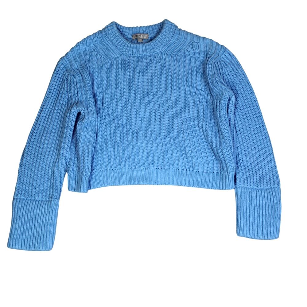 J Crew Sweater Womens Medium Blue Cropped Cotton Rib Knit Preppy Coastal